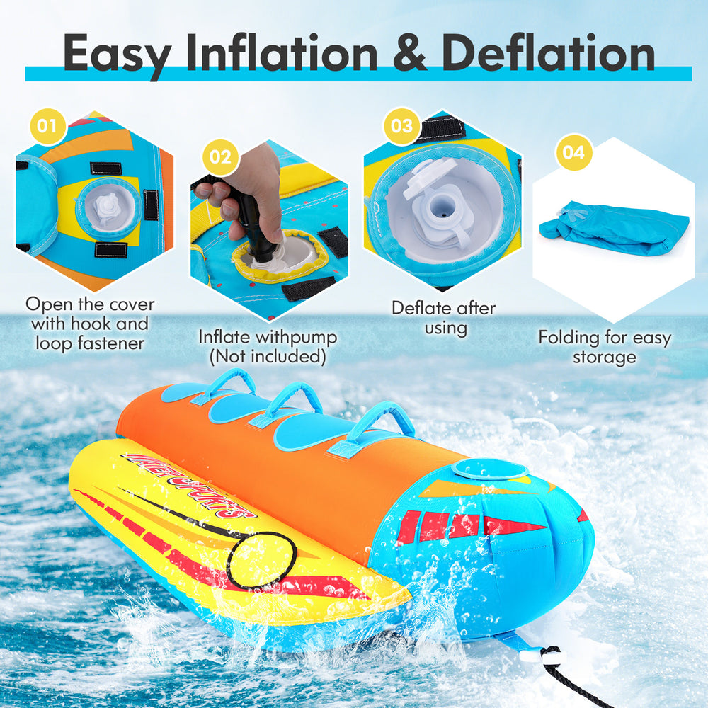 3-person inflatable banana boat with EVA-padded seats, easy inflation, and compact storage for water fun.