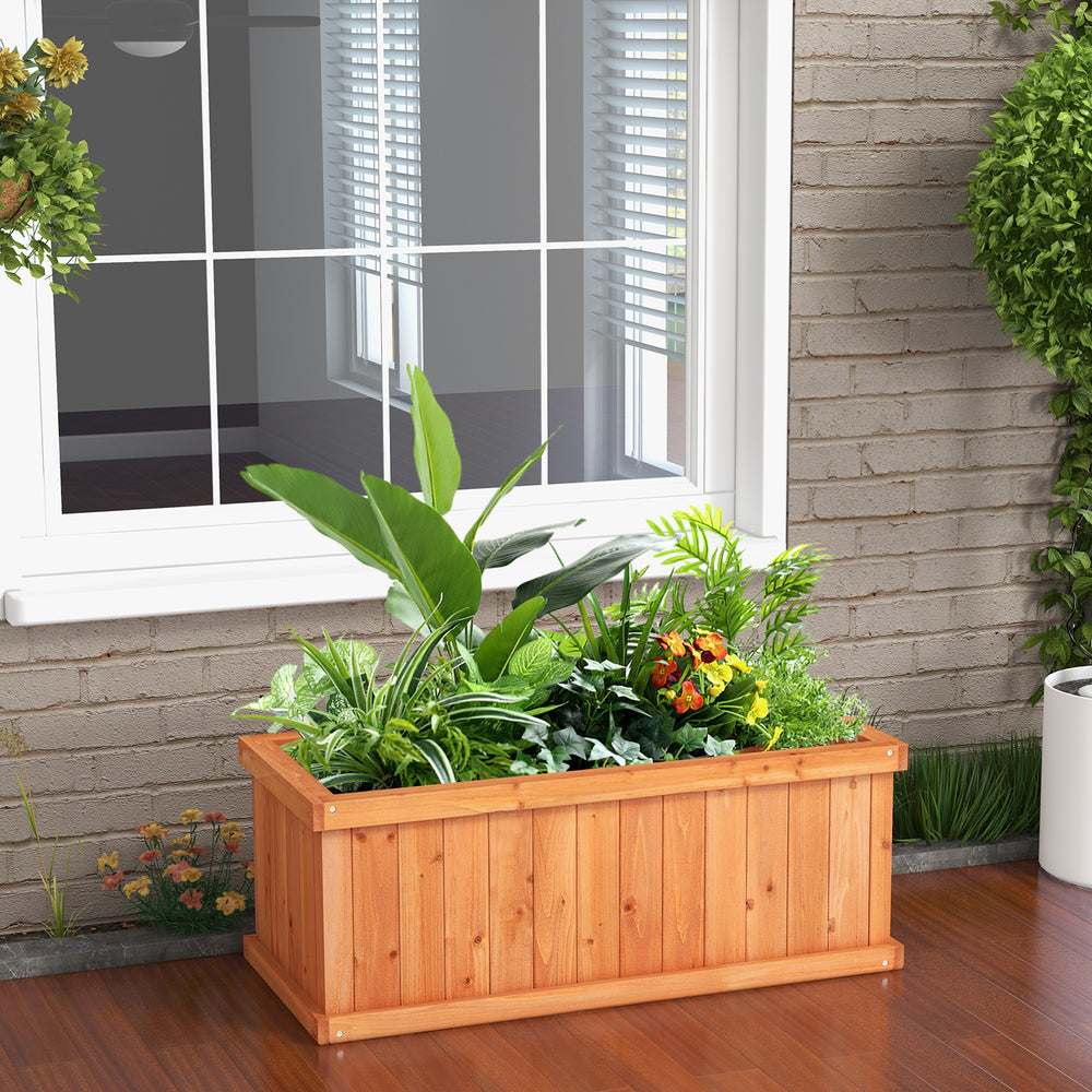 Wooden raised garden bed planter box with natural wood grains, featuring 4 drainage holes, ideal for indoor and outdoor.