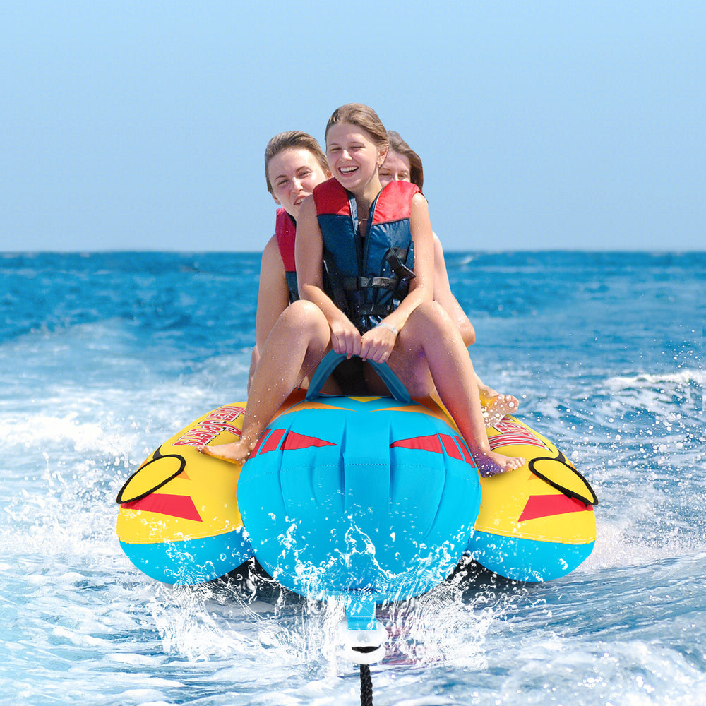 Three-person inflatable banana boat with EVA-padded seats and handles, designed for fun and safety on the water.