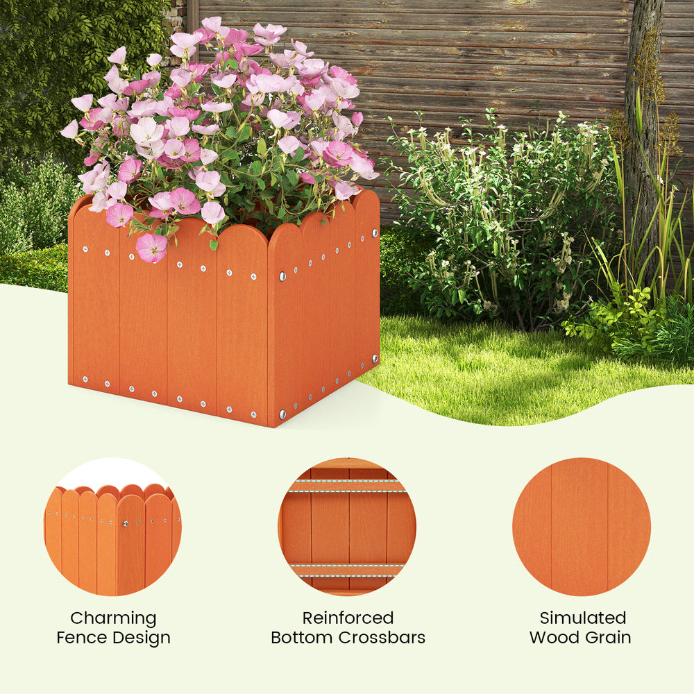 Square orange planter box with charming fence design, drainage gaps, and simulated wood grain for garden or balcony use.