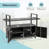 Dimensions of the black outdoor bar cart with wicker design, featuring shelves, cabinet, and hooks for versatile.