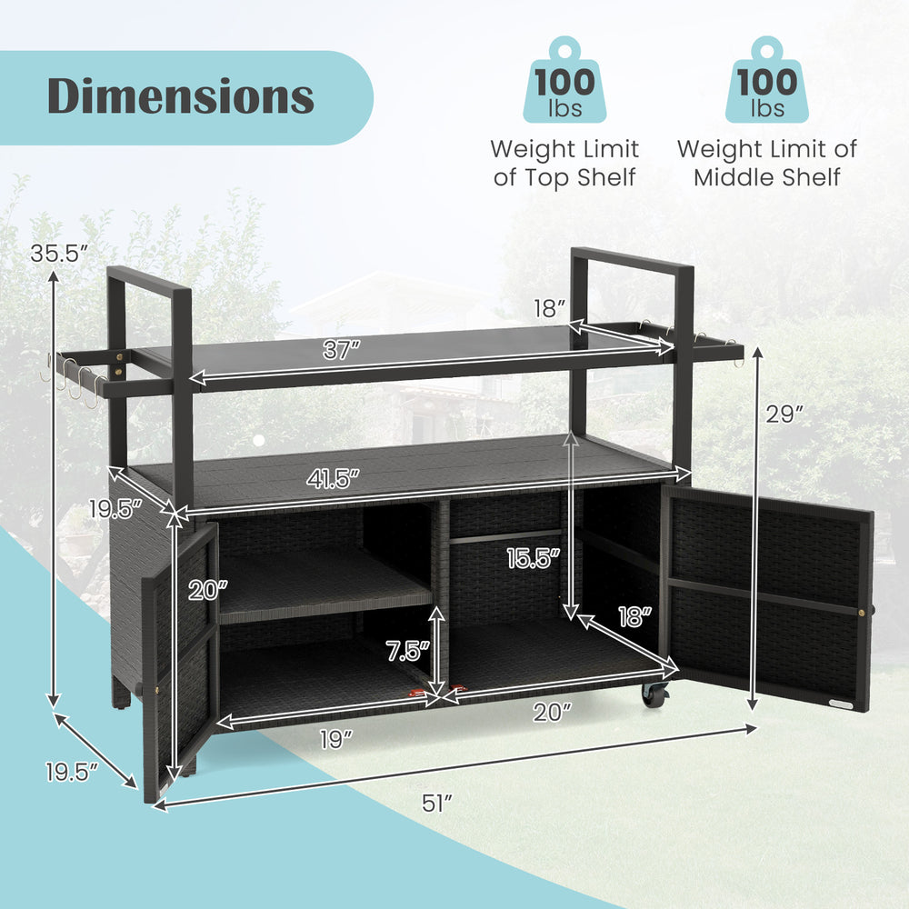 Dimensions of the black outdoor bar cart with wicker design, featuring shelves, cabinet, and hooks for versatile.