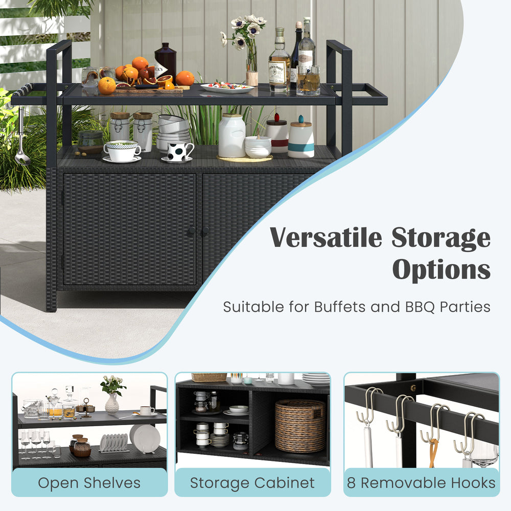Outdoor bar cart in black with tempered glass top, PE rattan, storage cabinet, and 8 removable hooks for BBQ parties.