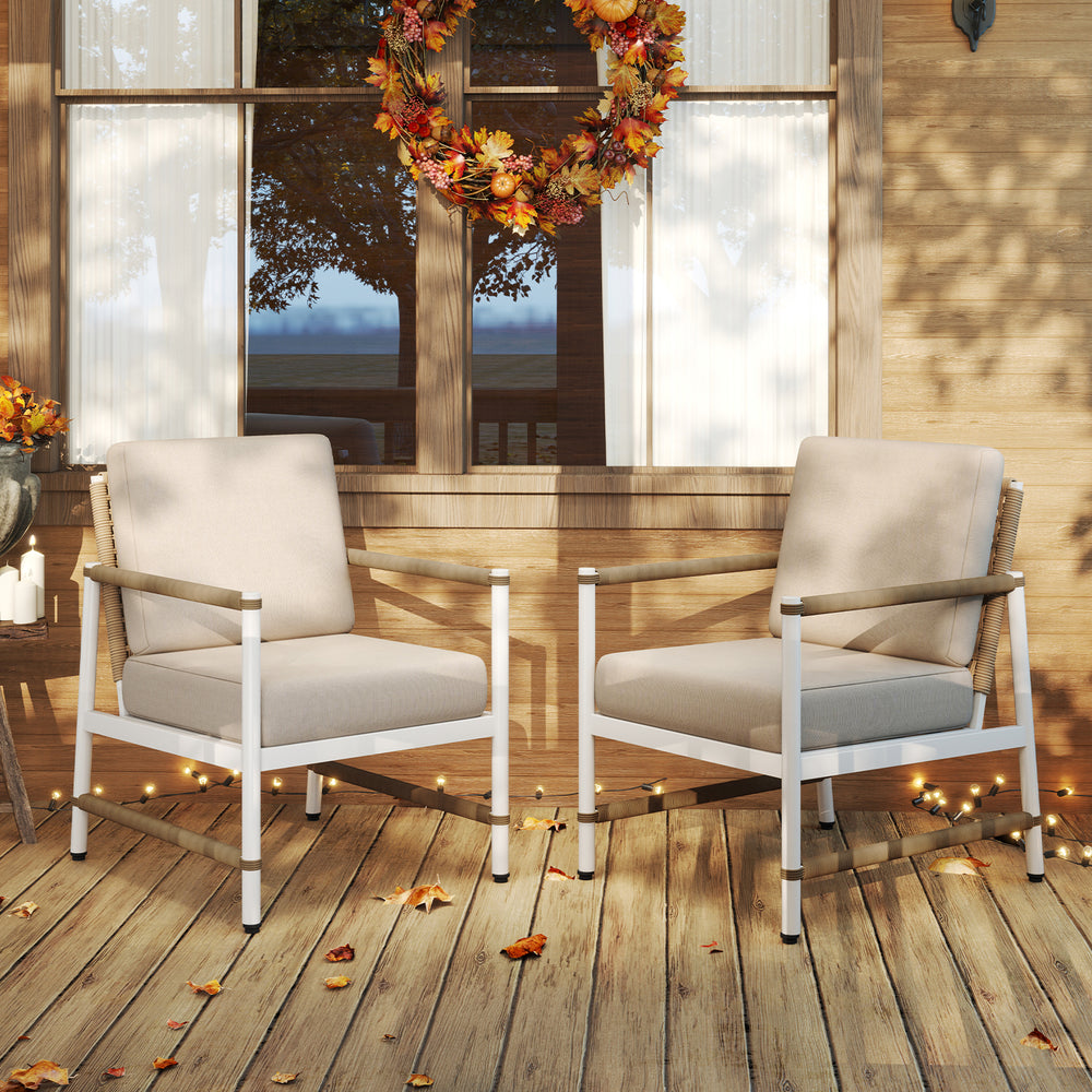 Two patio aluminum sofa chairs with wicker backrest and soft cushions, perfect for backyard or poolside relaxation.
