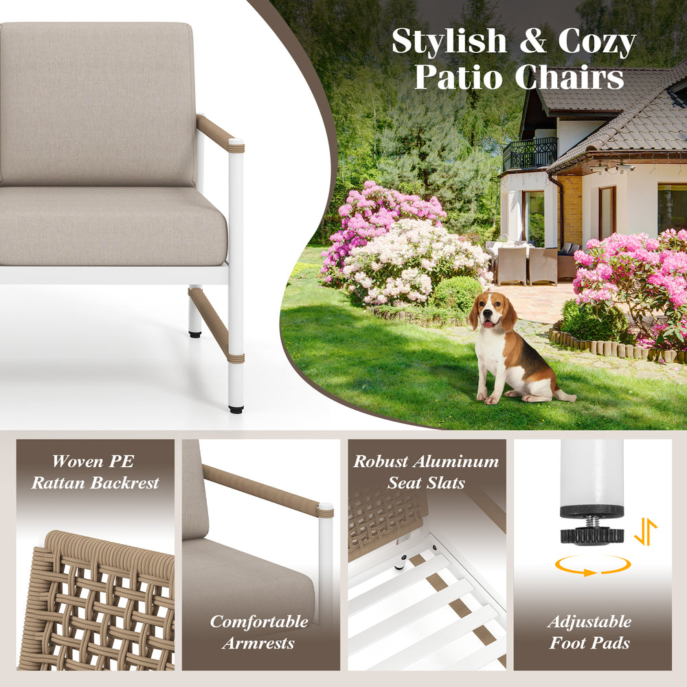 Stylish patio chair featuring a woven PE rattan backrest, aluminum frame, and comfortable armrests for outdoor.