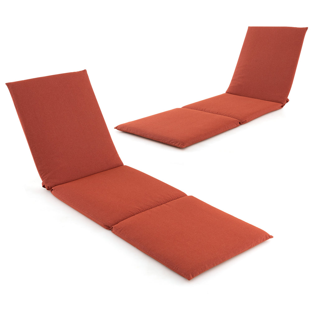 Tri-fold outdoor chaise lounge cushion in orange with fixing straps for comfort and support, ideal for patio relaxation.