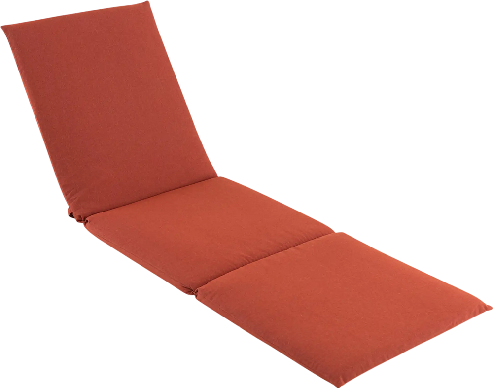 Tri-fold outdoor chaise lounge cushion in orange with fixing straps, perfect for poolside or garden relaxation.