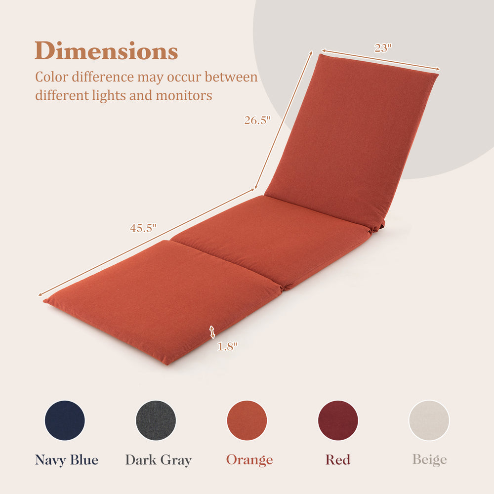Orange tri-fold chaise lounge cushion with fixing straps, ideal for outdoor patio furniture and comfortable seating.