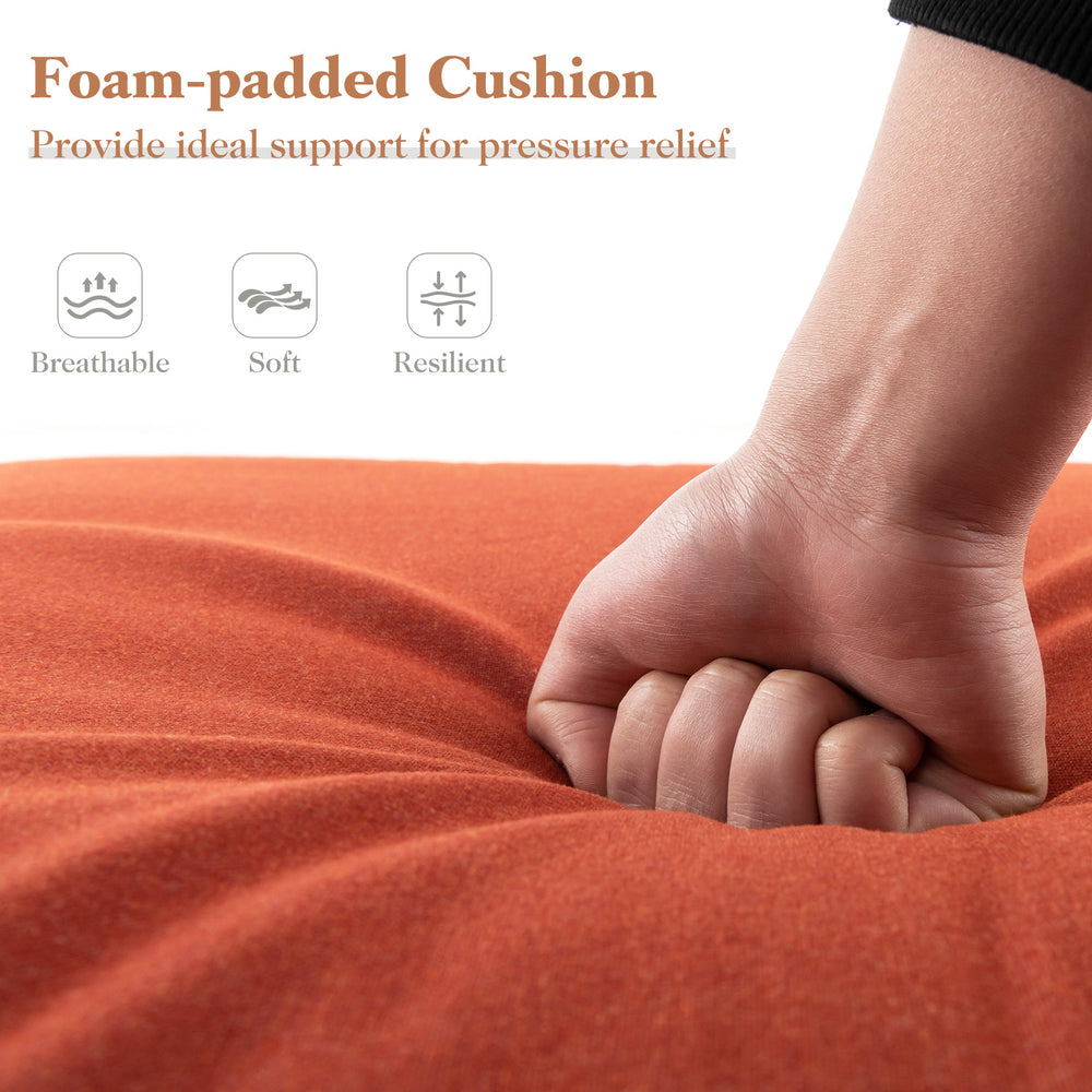 Foam-padded orange chaise lounge cushion with fixing straps, ideal for outdoor relaxation and pressure relief.