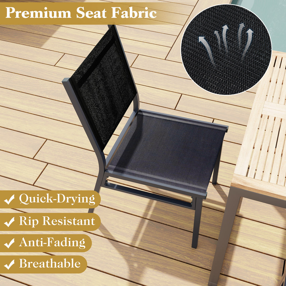 Outdoor dining chair with breathable fabric, aluminum frame, and quick-drying design for backyard or poolside use.