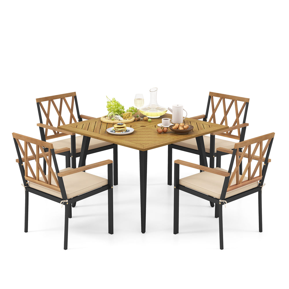 Cushioned outdoor dining chair with a sturdy metal frame and acacia wood accents, ideal for garden or patio seating.