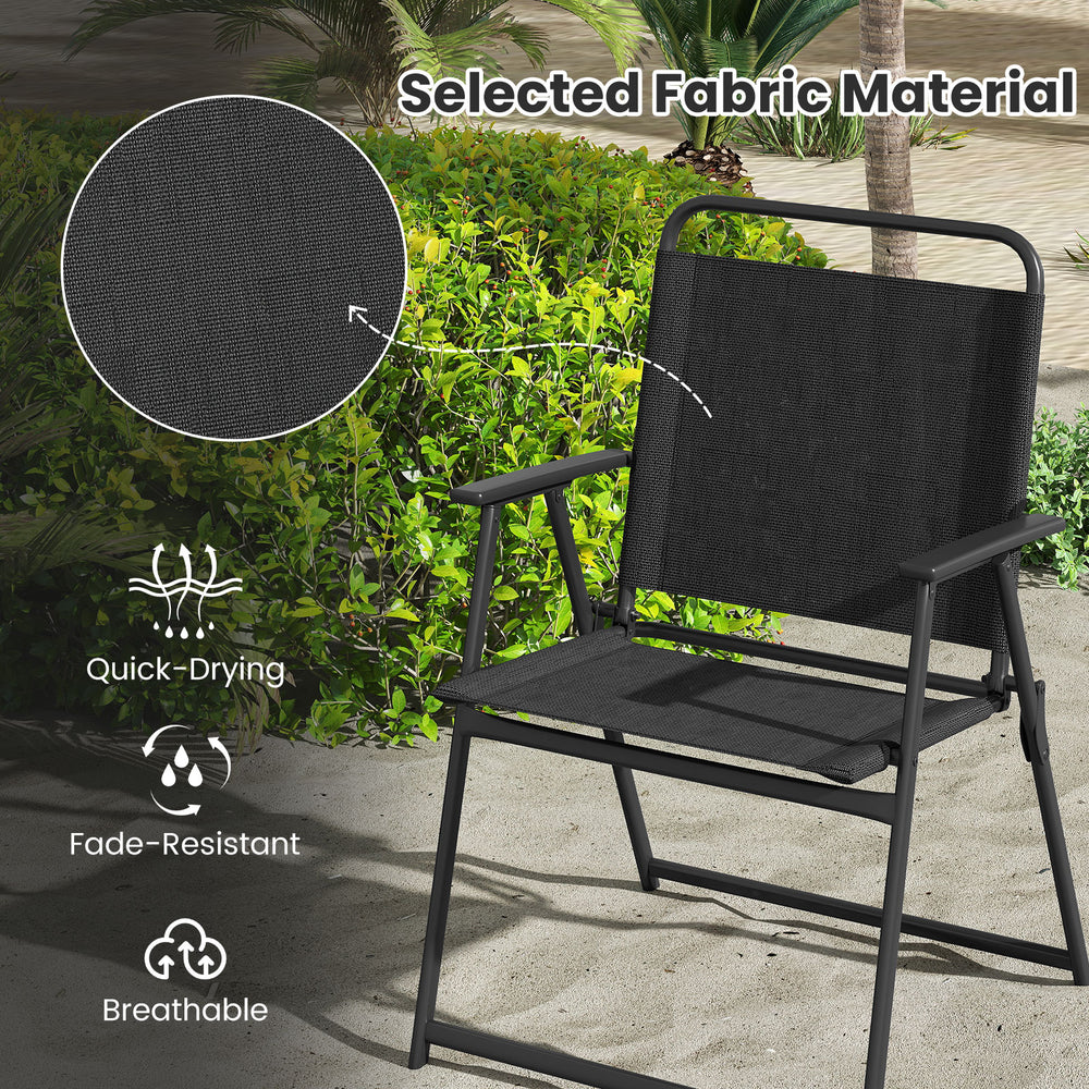 Breathable seat fabric of outdoor folding chair, featuring rustproof frame and quick-drying, fade-resistant material.