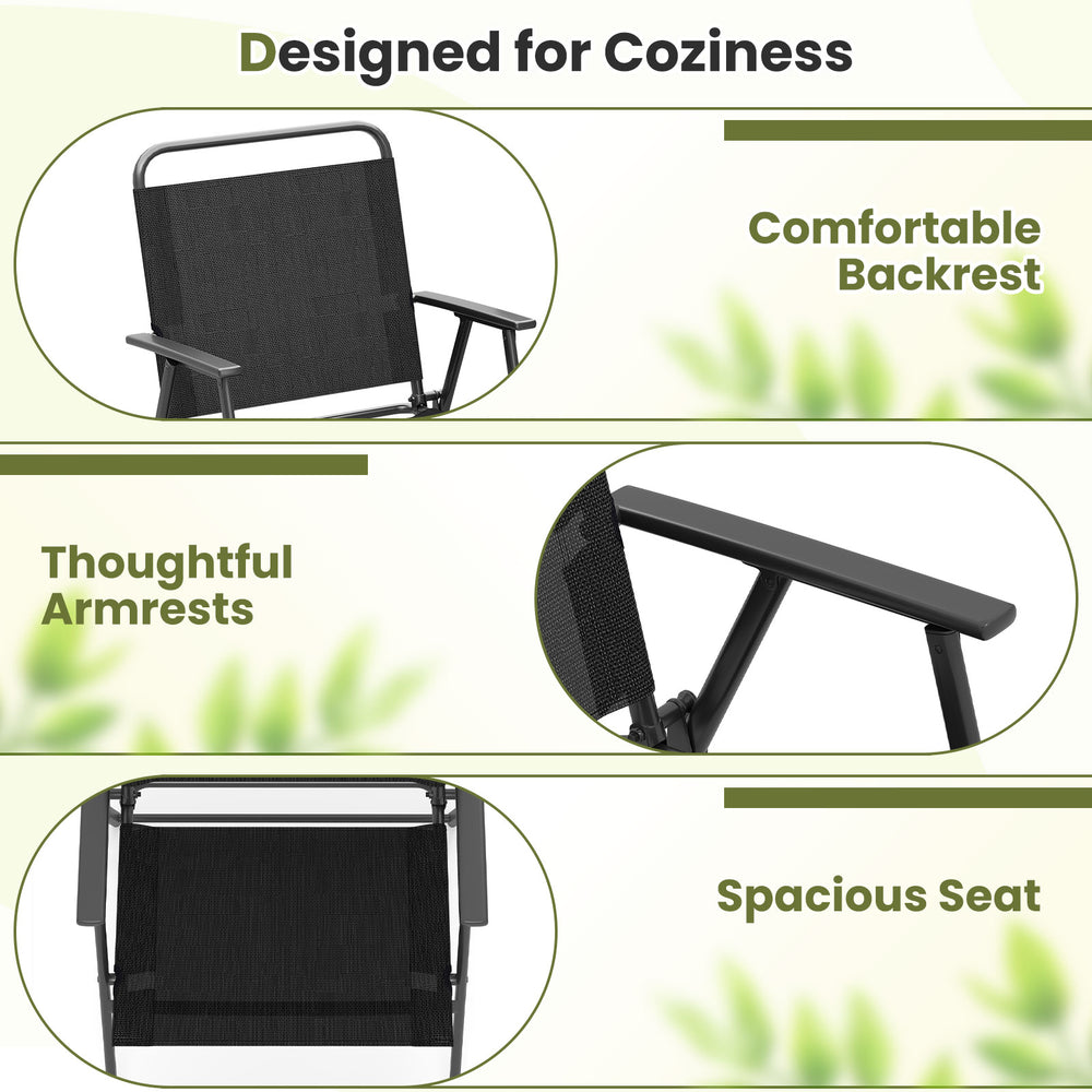 Close-up of outdoor folding chair featuring a breathable seat, comfortable backrest, and rustproof metal frame for.