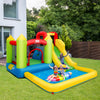 Brightly colored outdoor inflatable bounce house with slide and water feature, perfect for garden fun and children's.