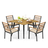 5-piece patio dining set featuring acacia wood table and cushioned chairs, perfect for outdoor dining and relaxation.