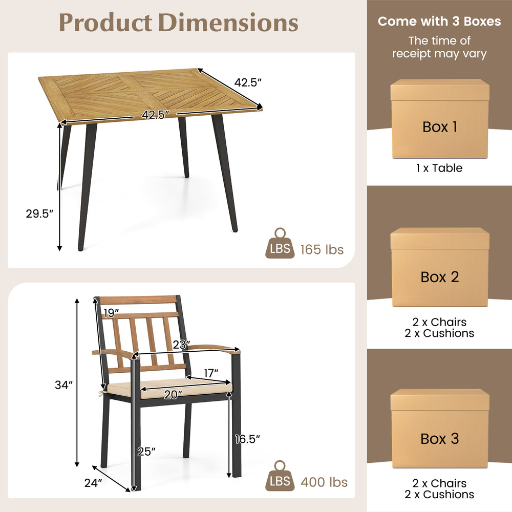 Patio dining set featuring a 42.5” acacia wood table and sturdy chairs with cushions, perfect for outdoor relaxation.