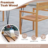 Teak wood armchair with natural finish, showcasing slatted design and armrests, perfect for outdoor patio use.