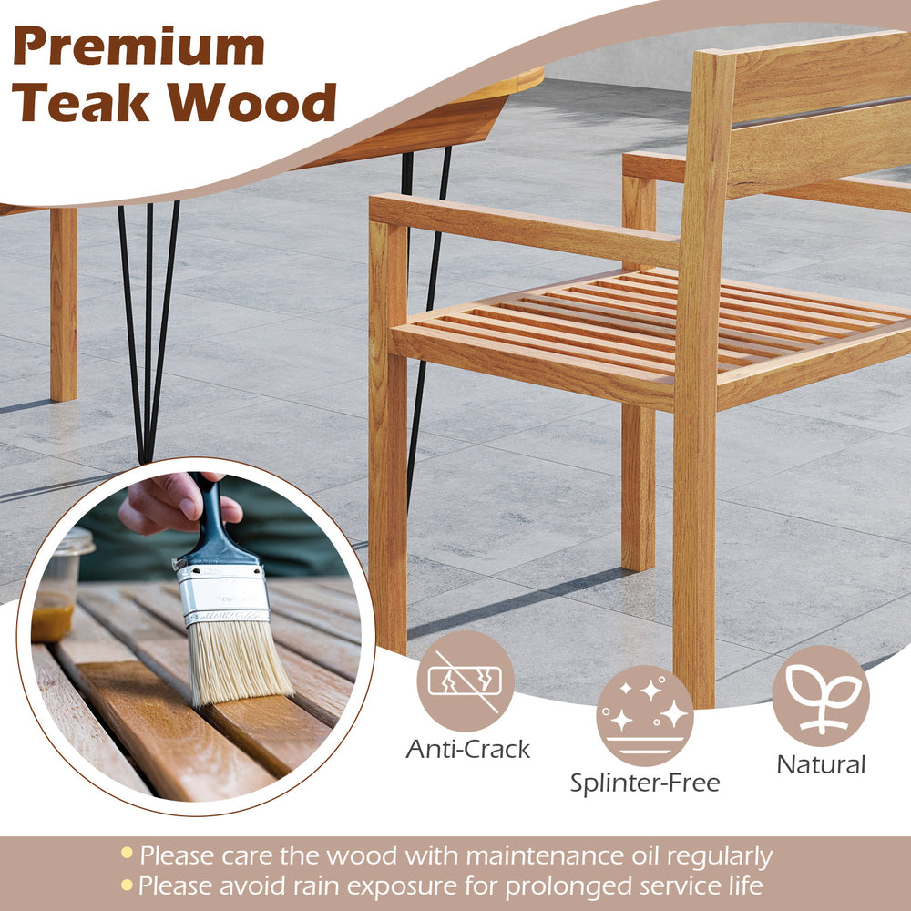 Teak wood armchair with natural finish, showcasing slatted design and armrests, perfect for outdoor patio use.