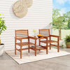 Outdoor patio wood 2-seat conversation set with coffee table, featuring comfy armrests and umbrella hole for backyard.