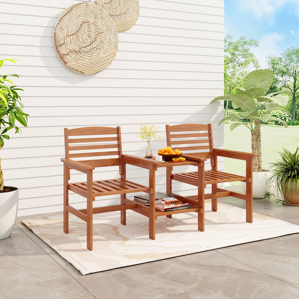 Outdoor patio wood 2-seat conversation set with coffee table, featuring comfy armrests and umbrella hole for backyard.