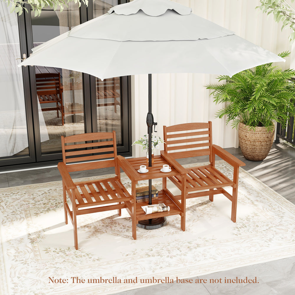 Two-seat outdoor patio wood conversation set with coffee table, featuring comfy backrests and umbrella hole for.