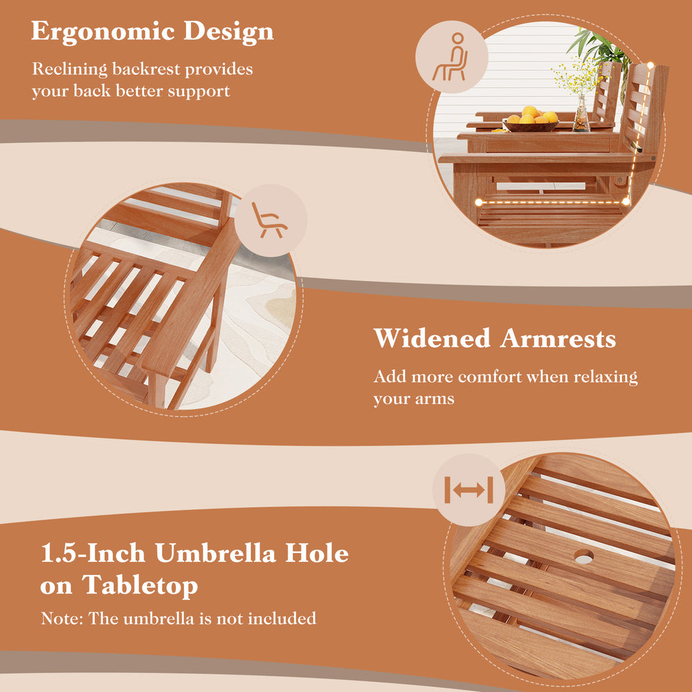 Close-up of the ergonomic backrest and widened armrests on the Outdoor Patio Wood 2-Seat Conversation Set for backyard.