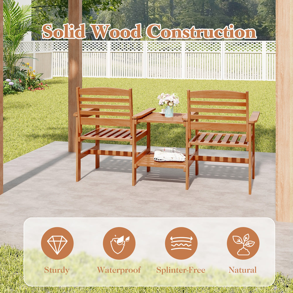Outdoor patio wood 2-seat conversation set with coffee table, featuring splinter-free, waterproof construction for.