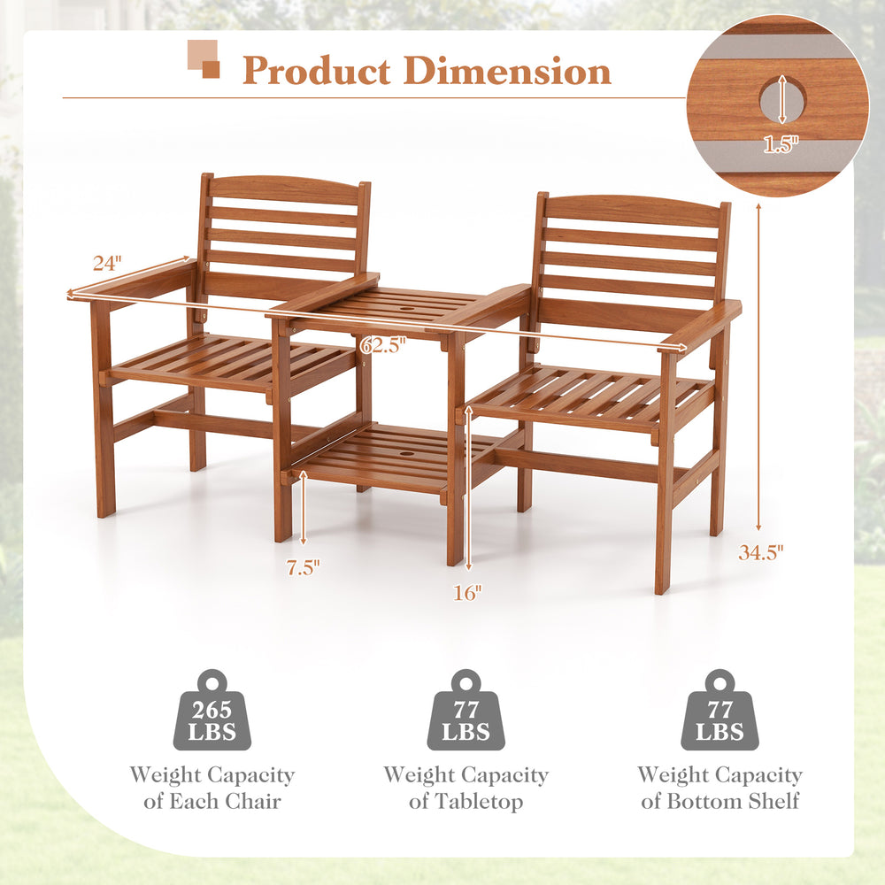 Dimensions of the Outdoor Patio Wood 2-Seat Conversation Set with coffee table, showcasing weight capacities and.