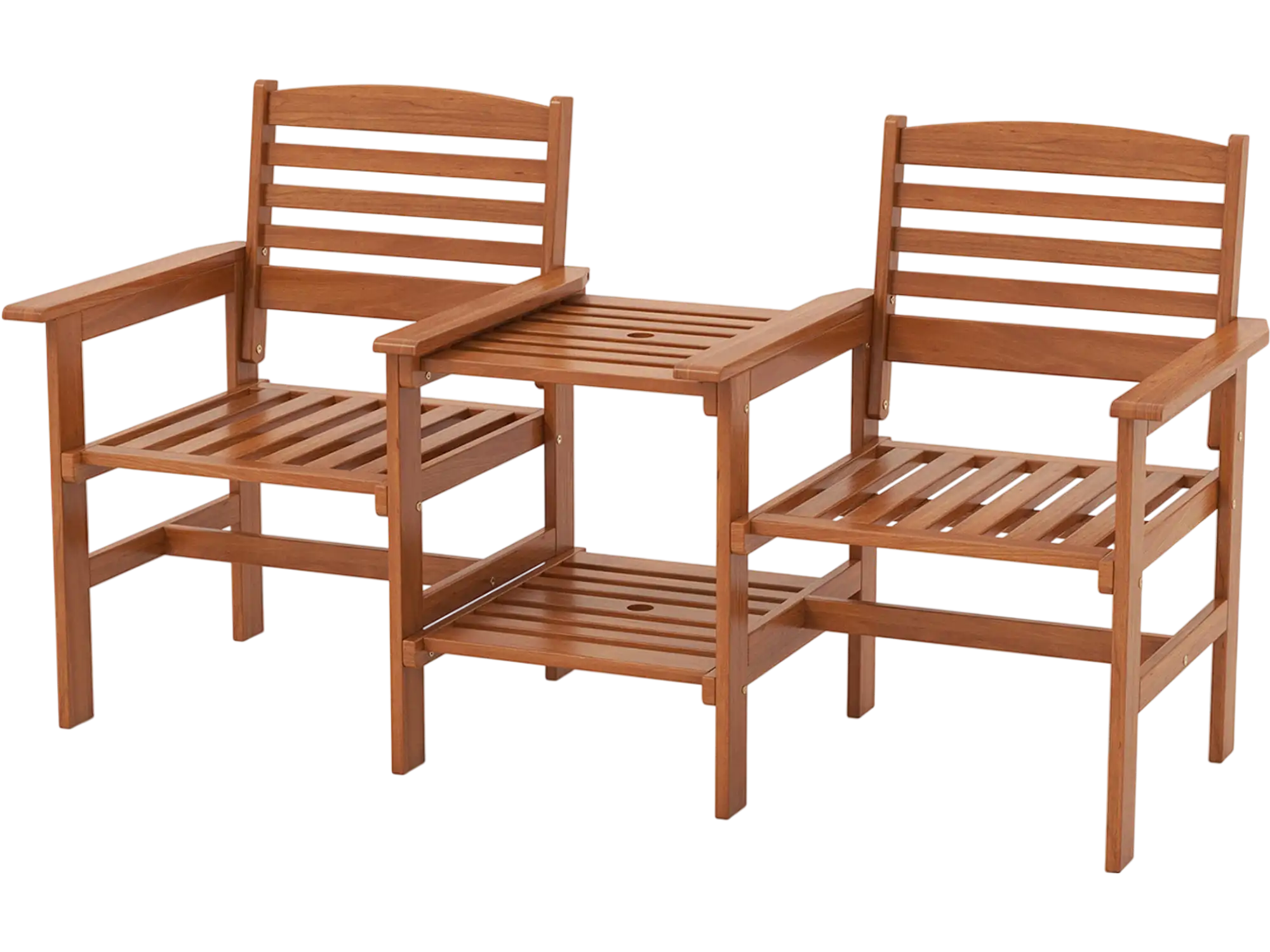 Outdoor Patio Wood 2-Seat Conversation Set with Coffee Table and Umbrella Hole丨Costway