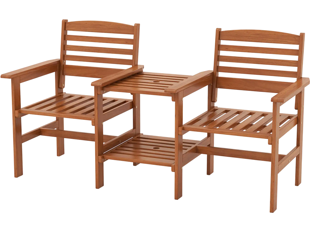 Outdoor Patio Wood 2-Seat Conversation Set with Coffee Table and Umbrella Hole丨Costway