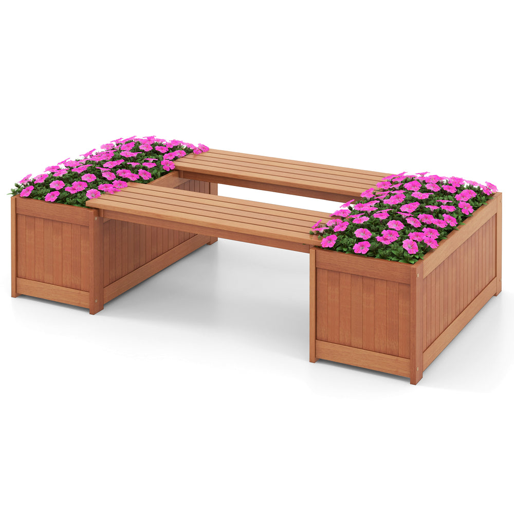 Outdoor plant container with seat, featuring a teak oil finish and deep planter for saplings, ideal for garden or.