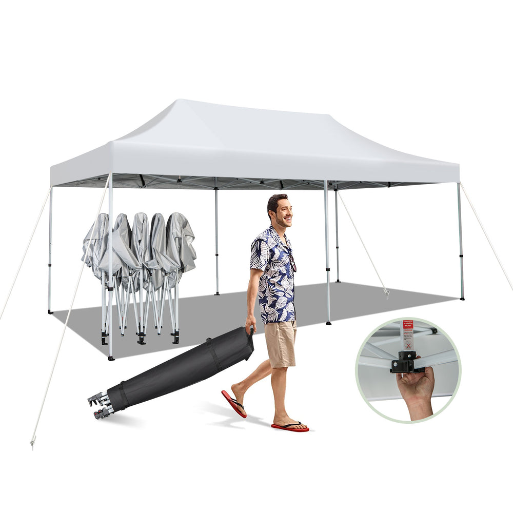 Pop-up patio canopy tent in white, featuring a heavy-duty metal frame and easy setup, ideal for outdoor gatherings.