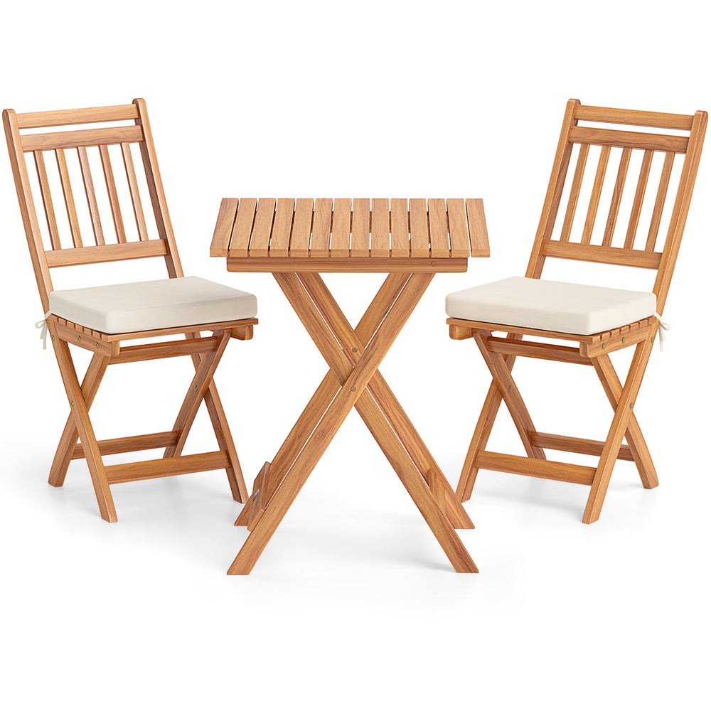 Acacia wood bistro table with slatted design, paired with two high-back chairs and soft cushions, perfect for outdoor.