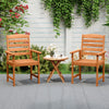 Two outdoor wooden dining chairs with inclined backrests and slatted seats, perfect for patio or garden relaxation.
