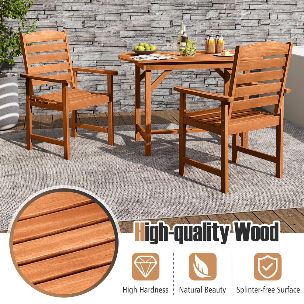 Outdoor wooden dining chairs with inclined backrests and slatted seats, offering ergonomic comfort for patio and garden.