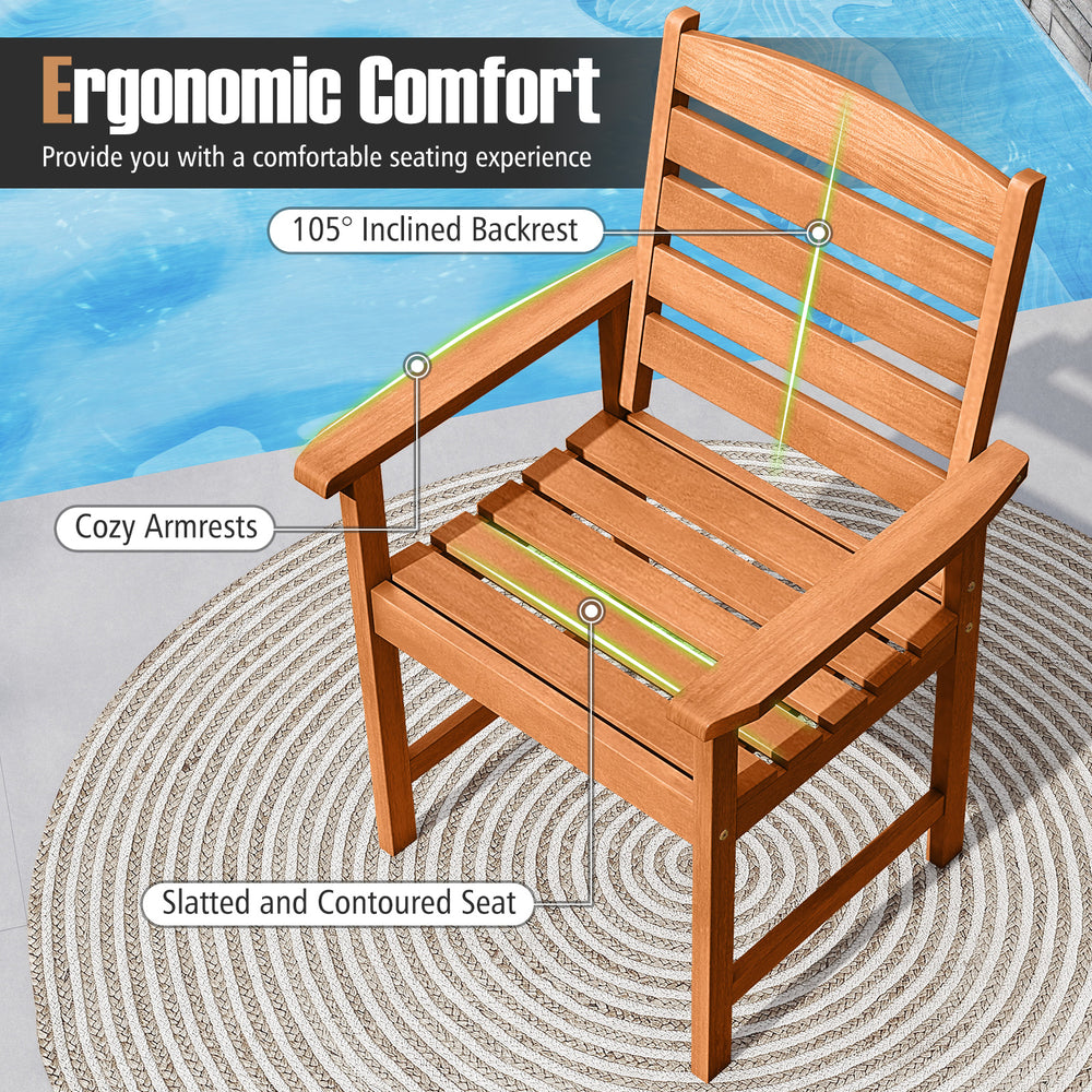 Outdoor wooden dining chair with a 105° inclined backrest and slatted seat, perfect for patio and garden comfort.