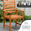 Outdoor wooden dining chair with inclined backrest, slatted seat, and smooth surface for comfortable patio seating.