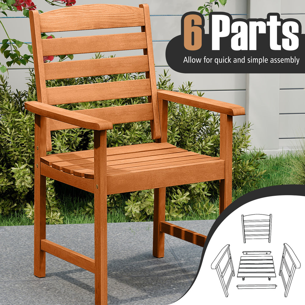 Outdoor wooden dining chair with inclined backrest, slatted seat, and smooth surface for comfortable patio seating.