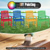 Colorful outdoor wooden dining chairs with inclined backrests, perfect for DIY painting in patio or garden settings.