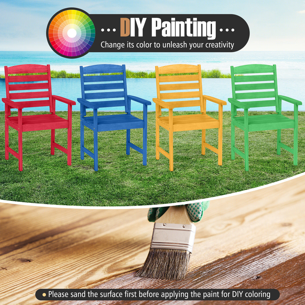 Colorful outdoor wooden dining chairs with inclined backrests, perfect for DIY painting in patio or garden settings.