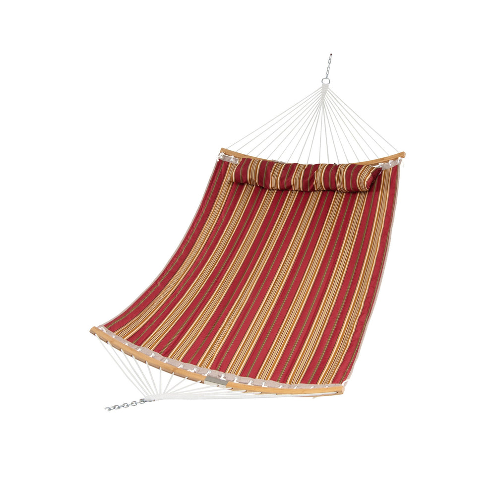 Red outdoor hammock with detachable pillow, made of breathable polyester, perfect for relaxing in the backyard or at.