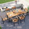 Patio dining set featuring six stackable acacia wood chairs with armrests, perfect for backyard gatherings.