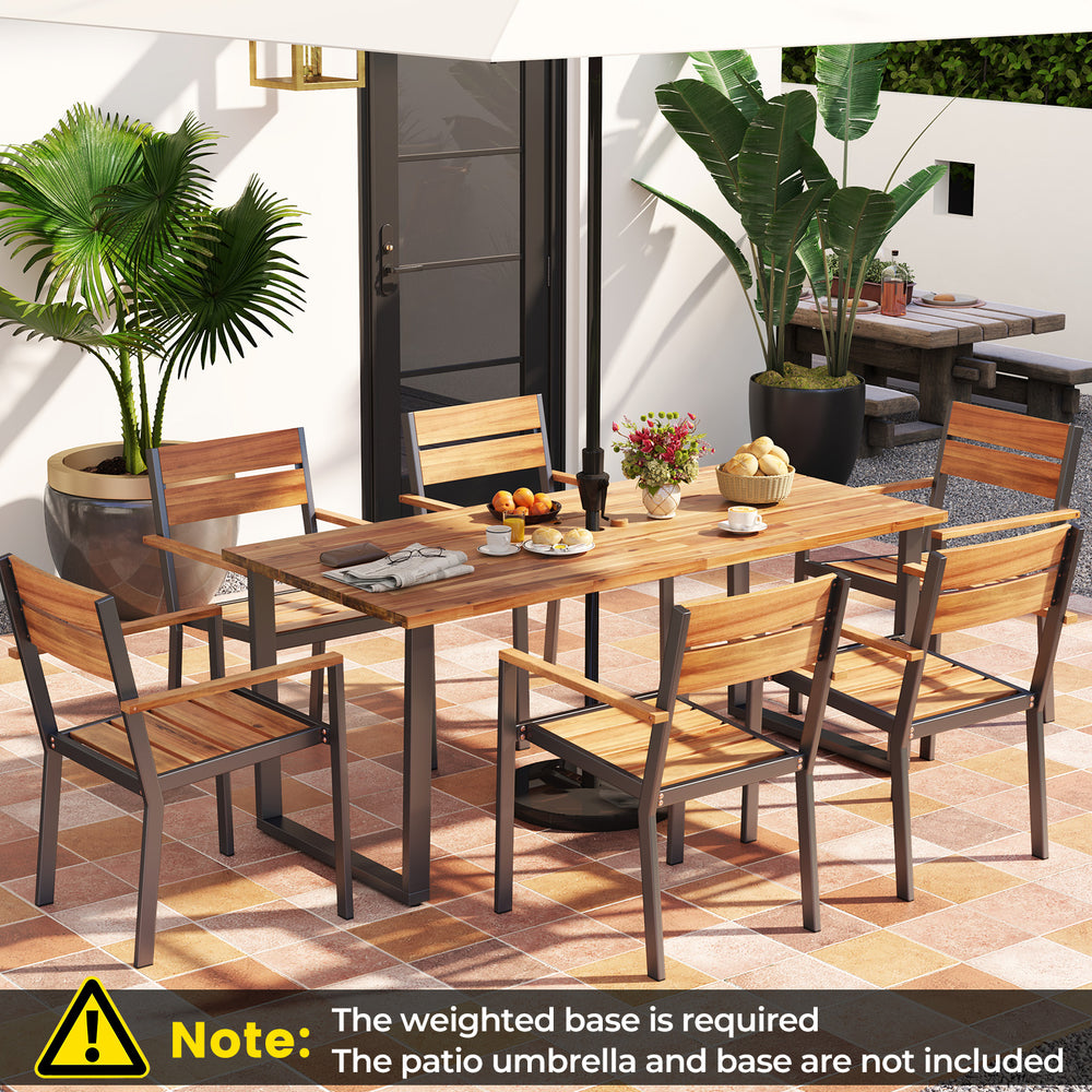 Set of 6 outdoor patio dining chairs with acacia armrests, designed for backyard garden use and easy storage.