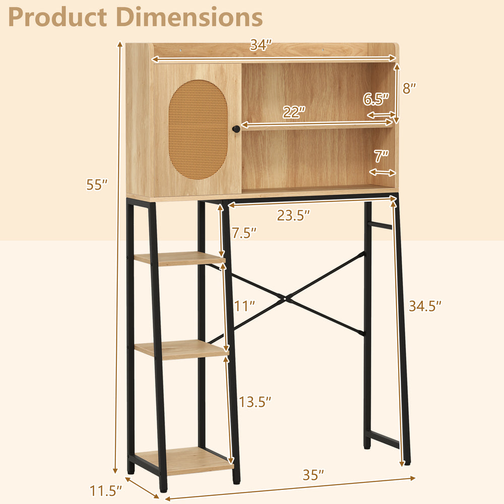 Product dimensions chart for the Over The Toilet Storage Cabinet with PE rattan door and adjustable shelves in natural.