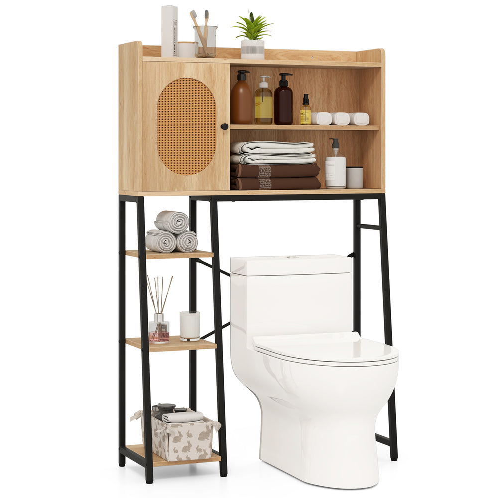 Over the toilet storage cabinet with PE rattan door, open shelves, and adjustable compartments for maximizing space.