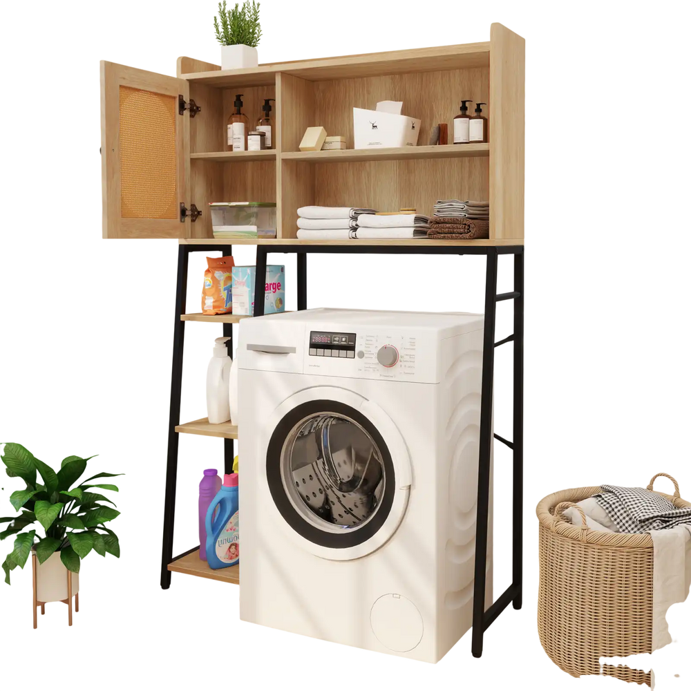 Over the toilet storage cabinet with PE rattan door, adjustable shelves, and solid metal stand for efficient space.