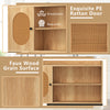 Over the toilet storage cabinet featuring a breathable PE rattan door, adjustable shelves, and a natural wood grain.