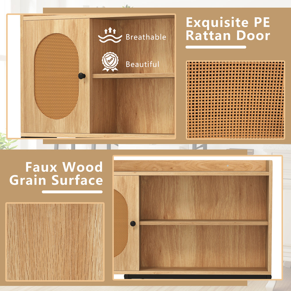 Over the toilet storage cabinet featuring a breathable PE rattan door, adjustable shelves, and a natural wood grain.