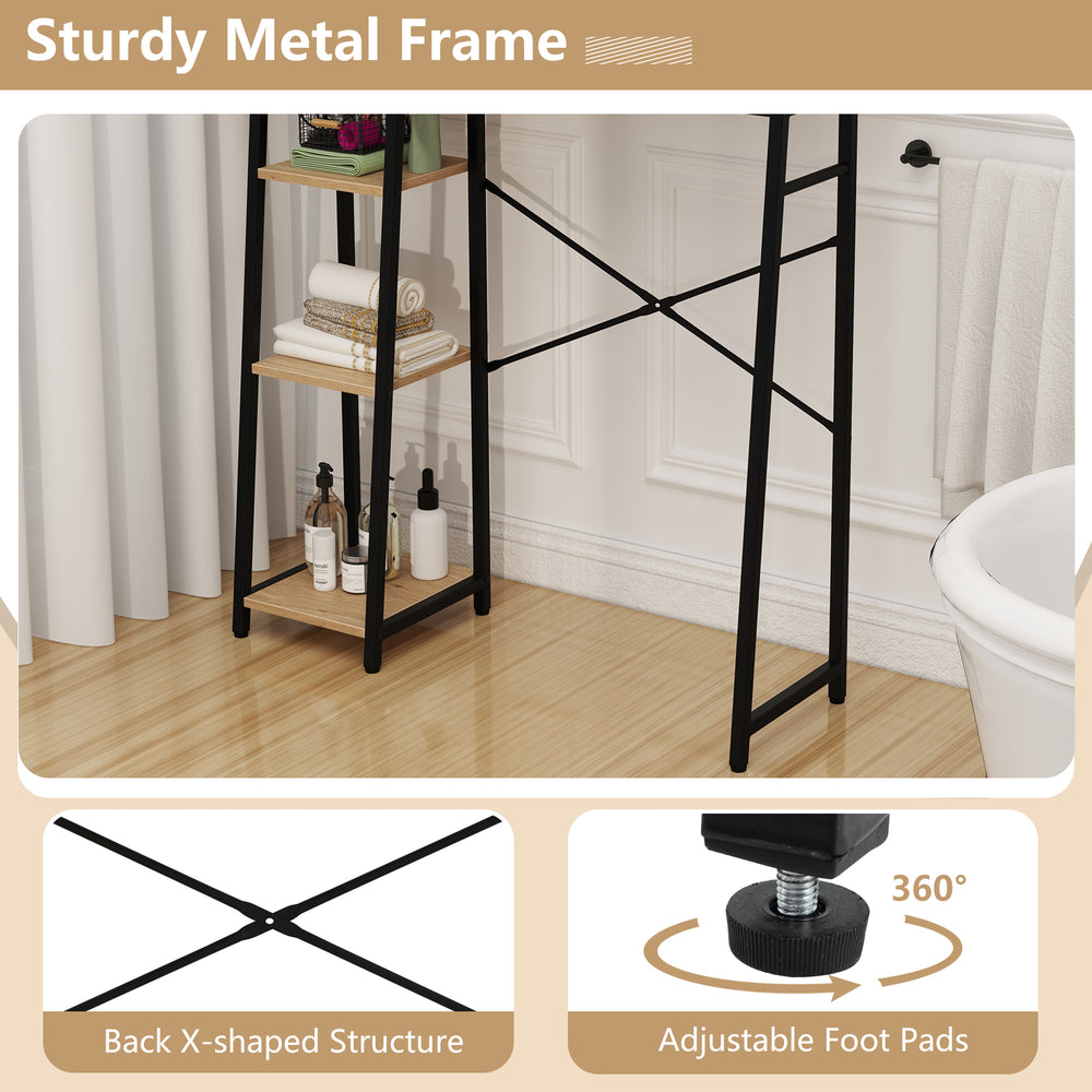 Over the toilet storage cabinet featuring a sturdy metal frame, PE rattan door, and adjustable shelves for optimal.