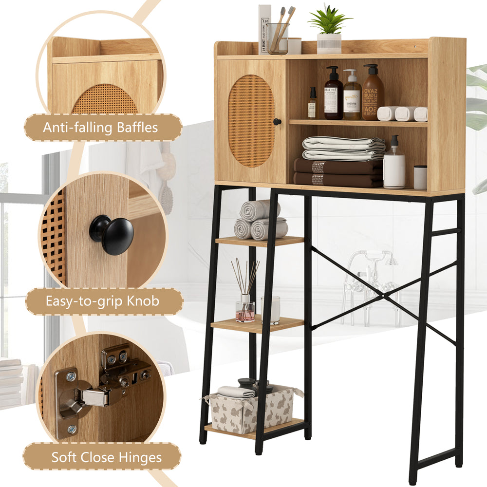 Over the toilet storage cabinet showcasing a natural wood finish, easy-to-grip knob, and soft close hinges for.